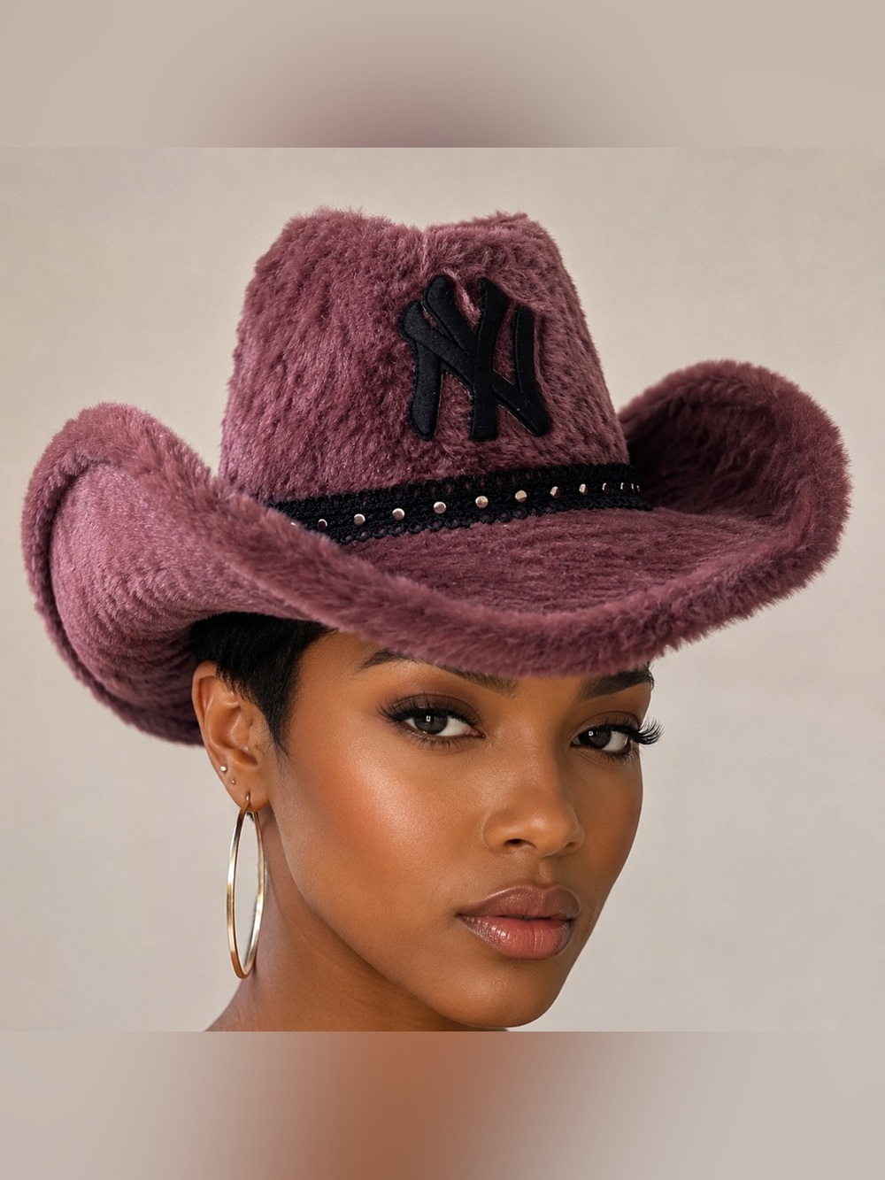 NY Yankee inspired Embroidered Plush fuzzy faux fur Cowboy Hat